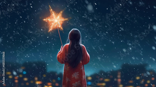 a girl with magic wand, stars shining, hopeful aura.