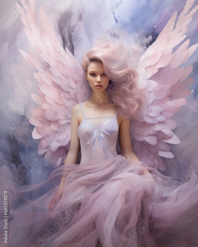 A woman in a pink dress with angel wings. Generative AI.