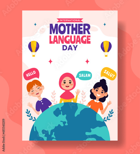 Mother Language Day Vertical Poster Flat Cartoon Hand Drawn Templates Background Illustration