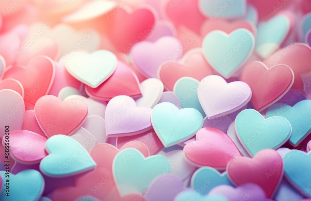 Many pink and blue hearts are scattered on a pink background. Generative AI.