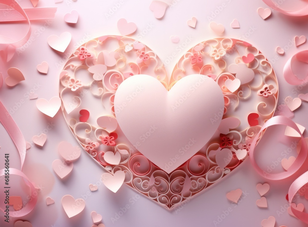 A heart shaped paper cutout surrounded by pink ribbons. Generative AI.