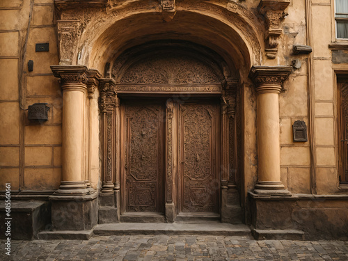 Threshold of the Past: A historic, ornate door with intricate details