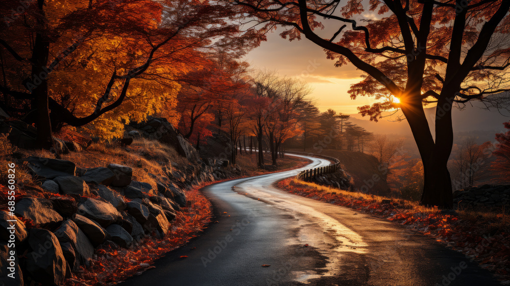 Scenic autumn road with vibrant colors at sunset.