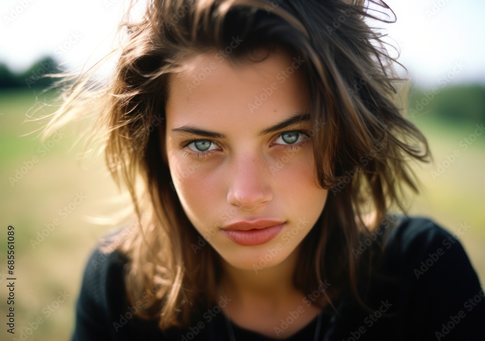 A young woman with captivating blue eyes gazes into the camera, surrounded by a dreamy, atmospheric backdrop. Generative AI. A young woman with captivating blue eyes gazes into the camera, surrounded by a dreamy, atmospheric backdrop. Generative AI.