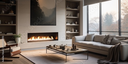 Modern living room with a sleek fireplace