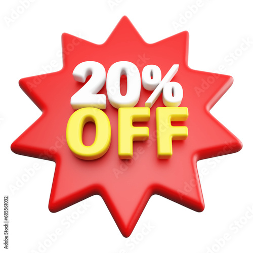 Special 20 percent off sale with number 3d render red tag label