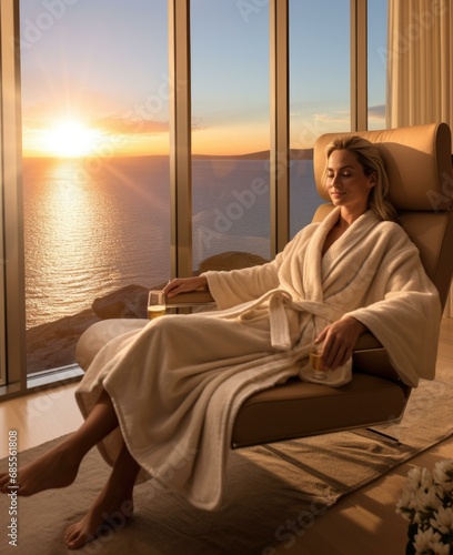 A woman in a robe enjoys the ocean view from a chair. Generative AI.