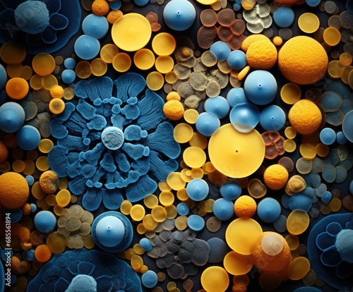 A colorful arrangement of blue, yellow and orange balls. Generative AI.