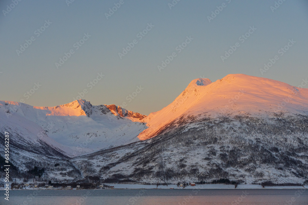 Sunset over the mountains at Kvaløya, Troms, Norway