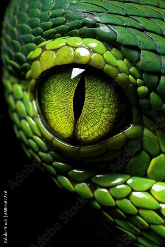 A close up of a green snake"s eye. Generative AI.