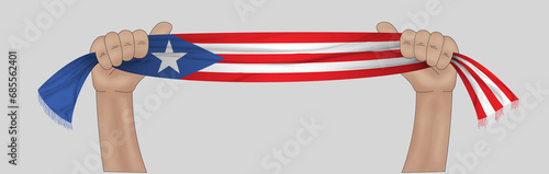 3D illustration. Hand holding flag of Puerto Rico on a fabric ribbon background.
