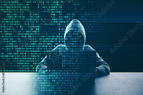 Hacker at desk using laptop with creative digital binary code dots hologram. Digital data hacking concept. Double exposure. photo