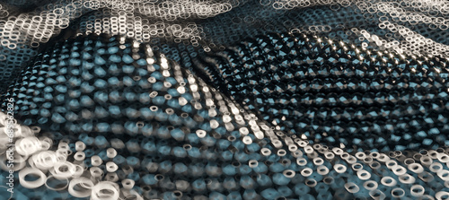 Bokeh circles overlaying a dark wave textured surface, offering a blend of abstraction and design. 3D Rendering