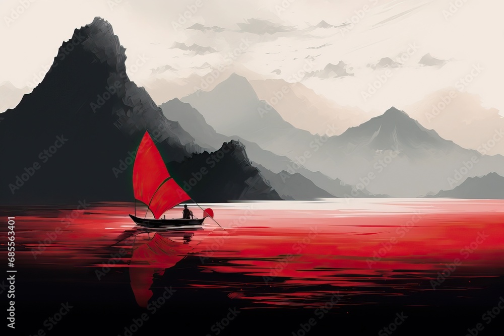 A painting of a canoe with a red sail and cloudy mountain background.