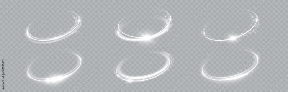 Glowing white spiral. Speed ​​abstract lines effect. Rotating shiny rings. Glowing circular lines. Glowing ring trail. Vector. - obrazy, fototapety, plakaty 