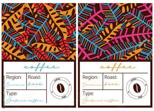 Collection of Leaf Pattern Coffee Labels. African pattern coffee packaging design in brown, blue and pink kogi colors photo