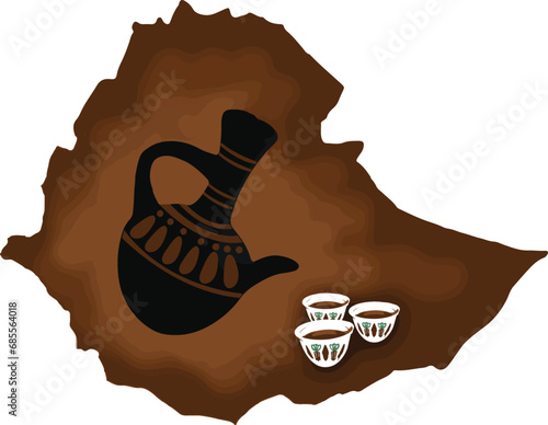 Ethiopian traditional coffee pot (Jebena) and coffee cups inside ethiopian map