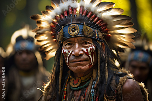 Black man from an Indian tribe, close up, with dreads and a white and red face paint on his cheeks. Blue war bonnet with golden ornaments with white feathers. Nature background.
