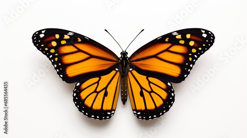 Monarch Butterfly with open wings in a top view as a flying migratory insect butterflies that represents summer  on isolated white background.