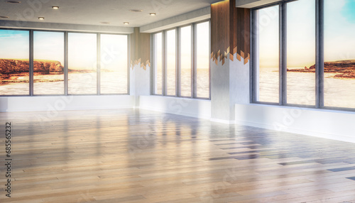 Leere Büro-Apartment-Fläche mit dekorativen Holzelementen und Böden - 3D Visualsierung