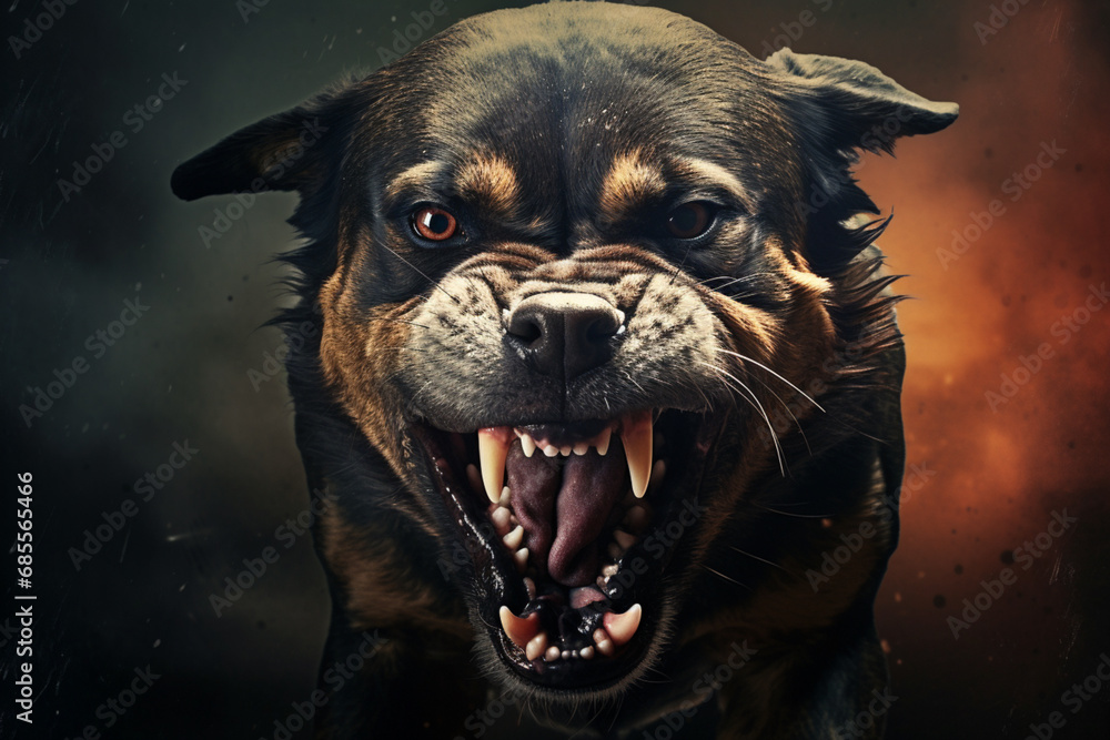 Angry dog with open mouth on dark background, Generative Ai