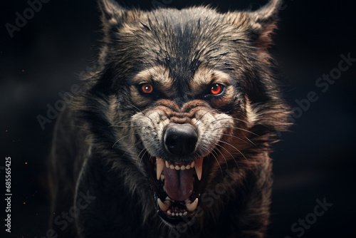 Angry dog with open mouth on dark background, Generative Ai