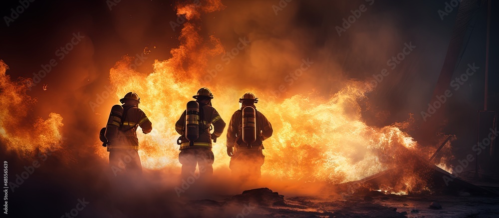 Trainee firefighters battling flames in practice copy space image