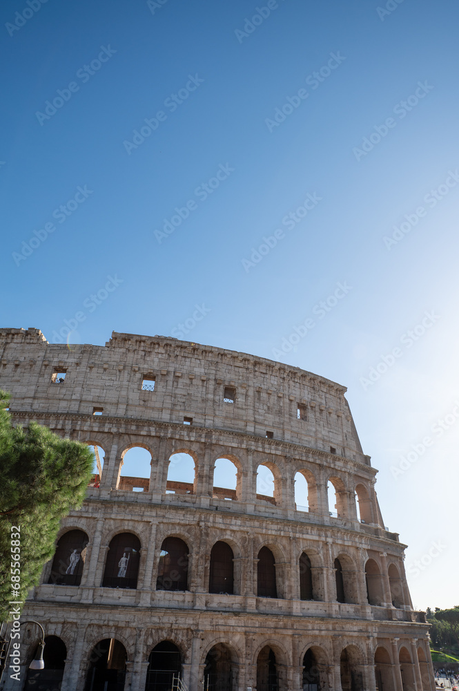 Exterior Panorama of the Roman Colosseum on a sunny day in Rome, Italy