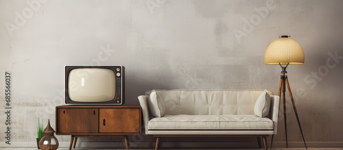 Vintage style living room with beige couch against white wall adorned with posters and a black lamp above an old TV copy space image photo