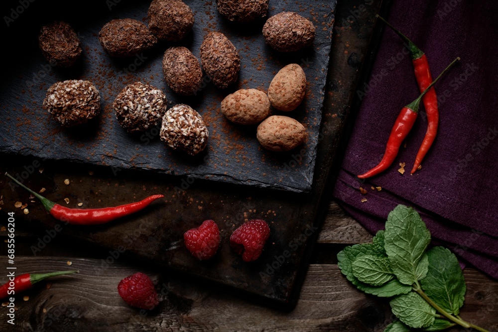 Top view of chocolate truffles with raspberries, almonds and chilli Top view of chocolate truffles with raspberries, almonds and chilli