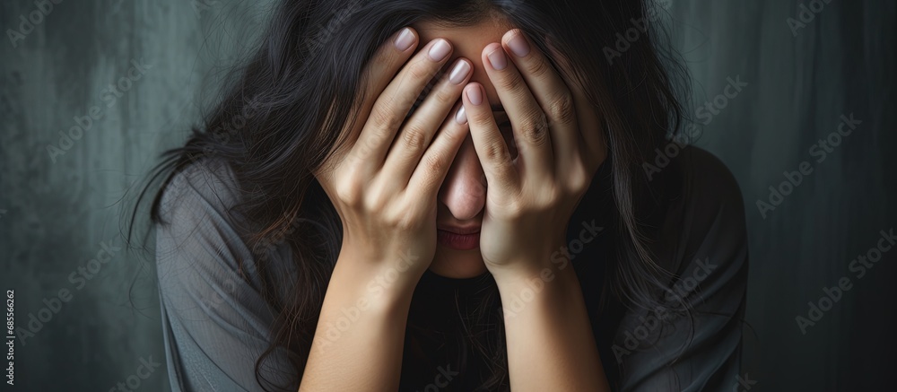 Woman hiding face in desperation copy space image Woman hiding face in desperation copy space image