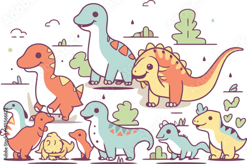 Cute cartoon dinosaurs set vector illustration in doodle style