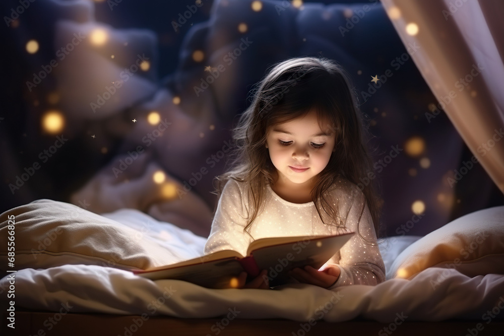 Cute girl reading a book with imagination. Cute girl reading a book with imagination.