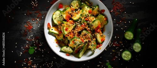 Top view of Chinese cucumber salad with chili peppers and sesame seeds smashed copy space image