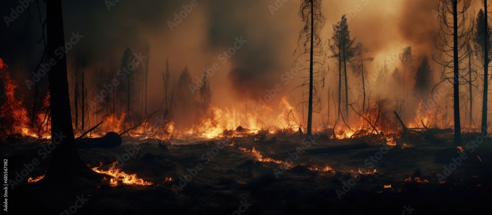Wildfire aftermath Trees burnt pollution smoke copy space image