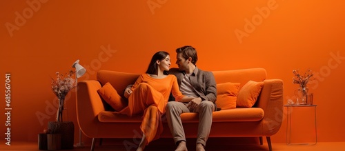 Youthful couple on orange couch cuddling and gazing at each other in a hostel copy space image