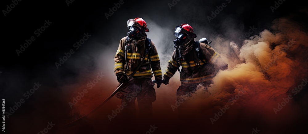 Two smoke filled firefighters with axe and helmet copy space image
