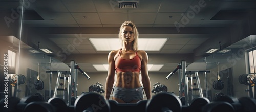 Young woman in the gym stretching and relaxing after functional training with dumbbells copy space image