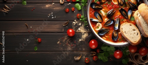 View of pot with Corsican fish stew mussels and garlic baguette copy space image photo