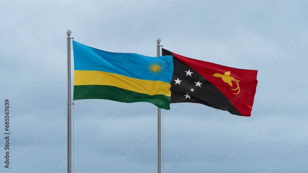 Papua New Guinea flag and Rwanda flag waving together on cloudy sky, endless seamless loop, two country relations concept Papua New Guinea flag and Rwanda flag waving together on cloudy sky, endless seamless loop, two country relations concept