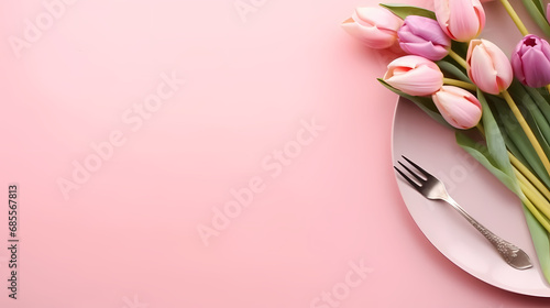 Festive creative table setting plate and tulip bouquet on pink background. Womens Day and Mothers Day