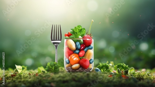 Natural food supplement Power concept as a giant pill or medicine capsule with fresh fruit and vegetables as a dietary symbol for good eating . © Nazia