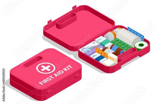 Isometric open first aid kit box with medical equipment and medications for emergency