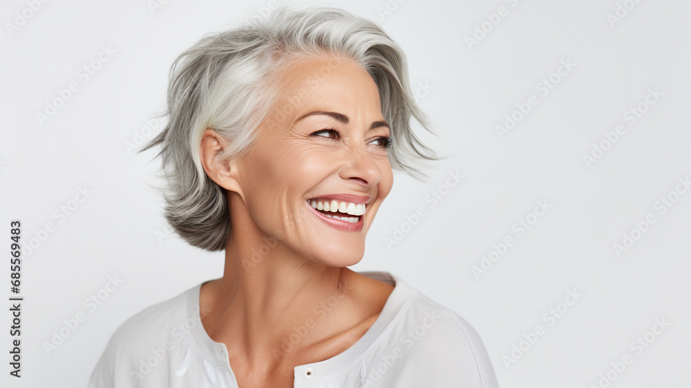 beautiful elderly senior model woman with grey hair laughing and smiling, Healthy face skin care beauty, skincare cosmetics on white background beautiful elderly senior model woman with grey hair laughing and smiling, Healthy face skin care beauty, skincare cosmetics on white background