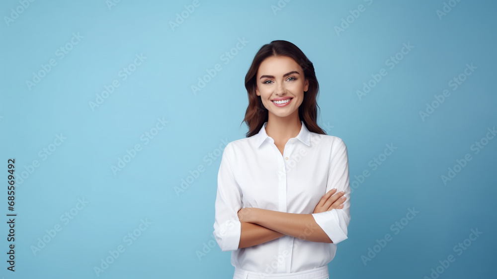 Beautiful woman in white shirt smiling looking at camera on blue background Beautiful woman in white shirt smiling looking at camera on blue background