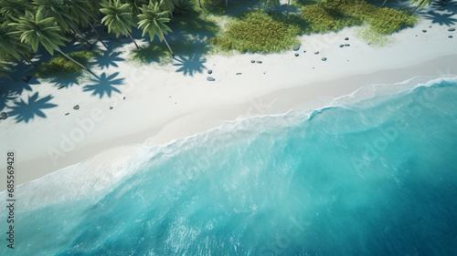 A beach with palm trees white, white sand, and crystal clear blue water, Bird's eye view