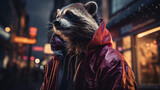 Raccoon in a raincoat on the street. Generative AI