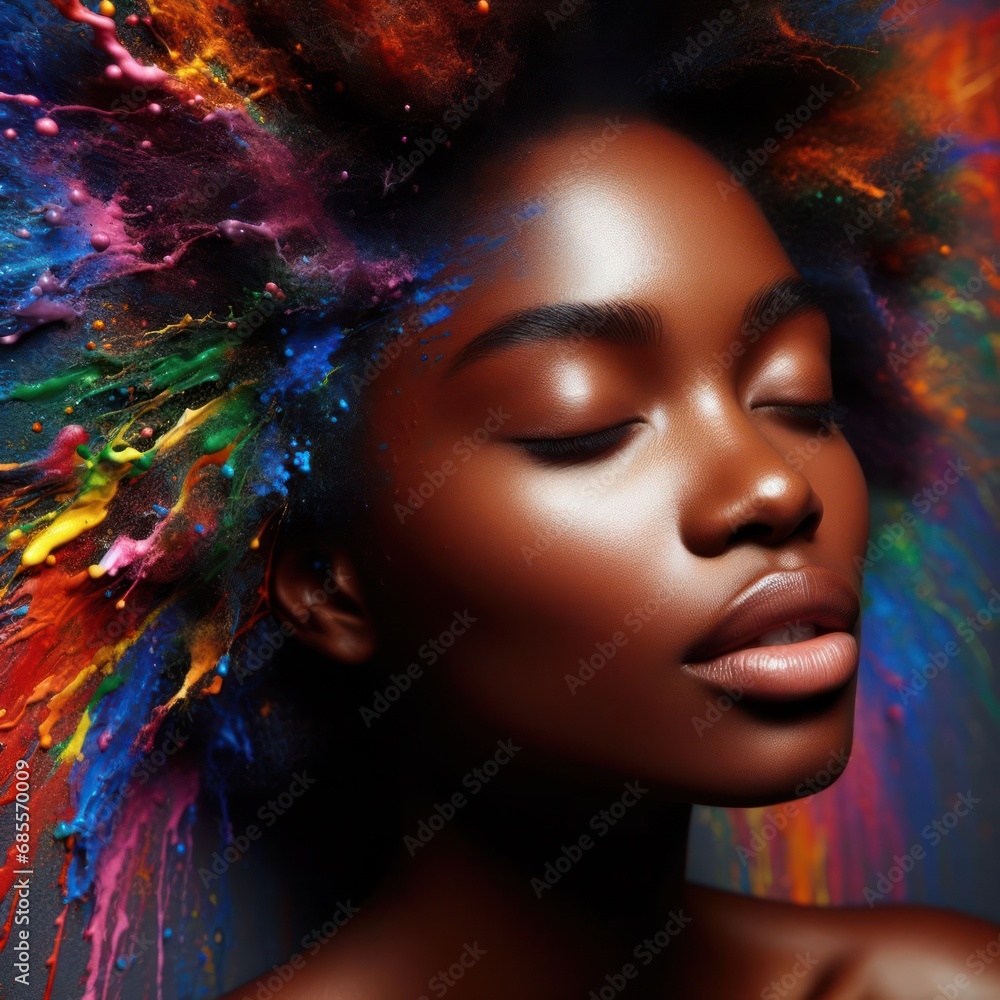 art piece of a beautiful black woman in a rainbow coloured paint explosion art piece of a beautiful black woman in a rainbow coloured paint explosion