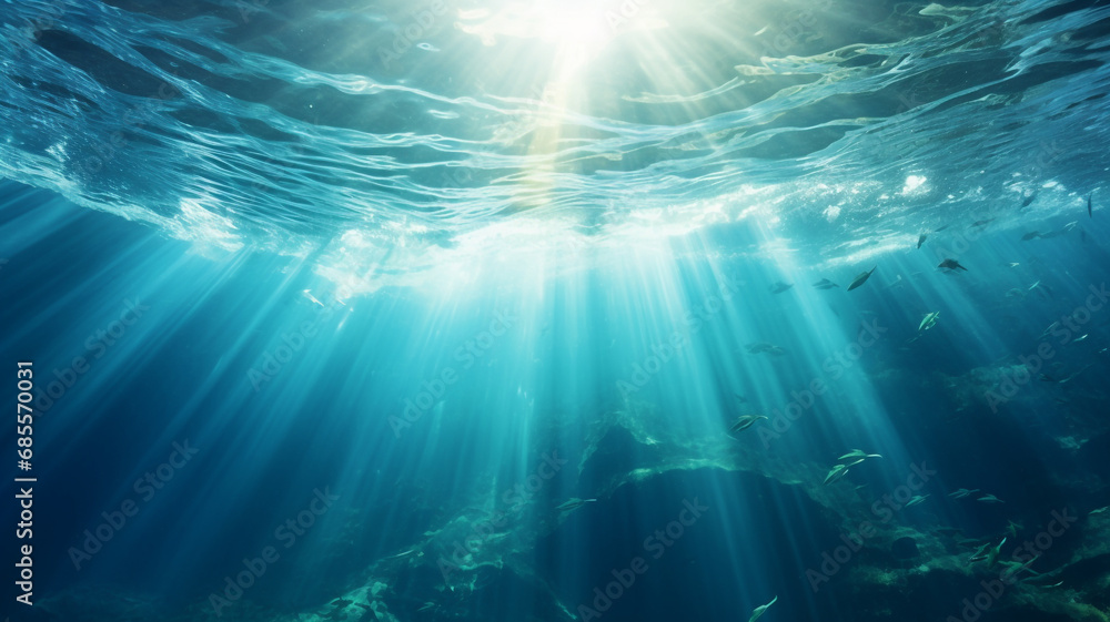 Fototapeta premium Beautiful blue ocean background with sunlight and undersea scene