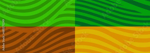 Farm background pattern. Green, brown, yellow agricultural crop texture. Four Seasons. Vector background with green farm field texture.